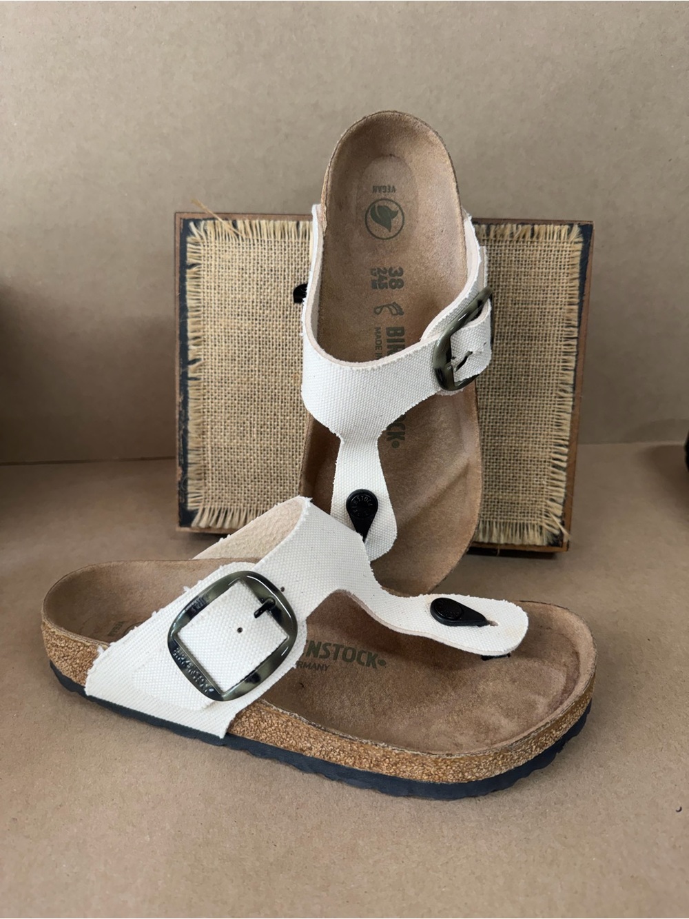 Birkenstock Cream canvas T-Strap Camo Buckle Sandal for Women